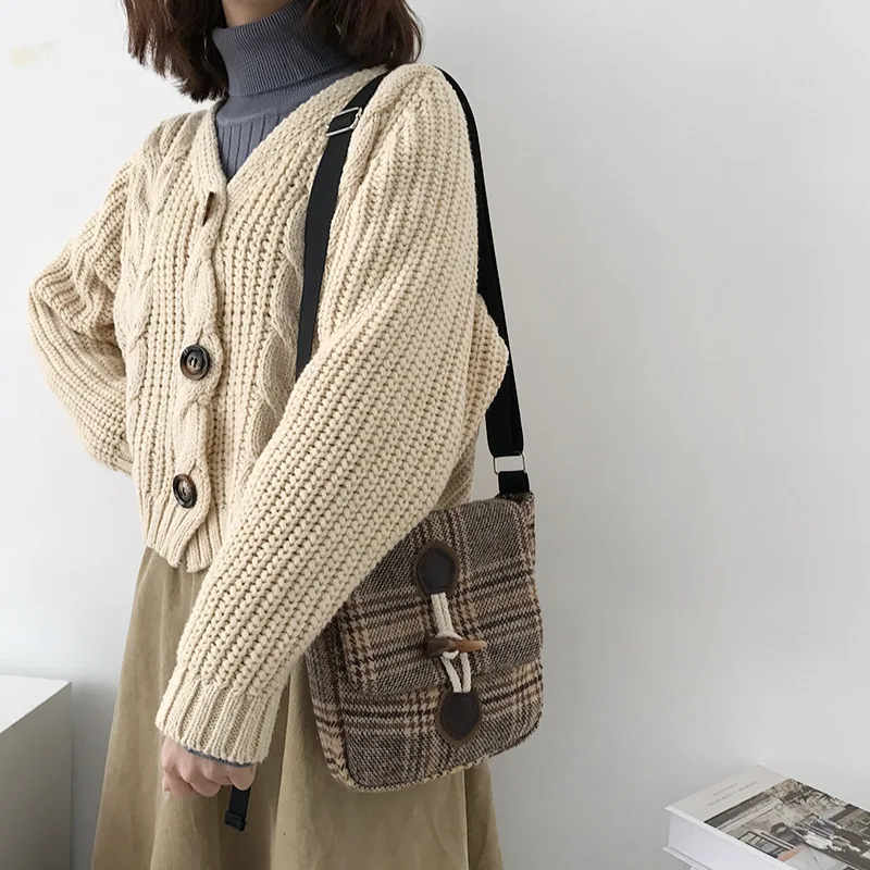 

Women Small Woolen Canvas Bags Scottish Checked Horn Vintage Plaid Female Shoulder Bag Ladies Casual Shoulder Bag Cloth Purse