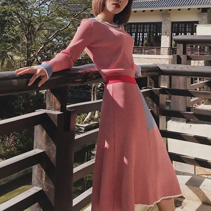 Вязаный комплект из двух предметов 2019 Осенний укороченный пуловер с круглым