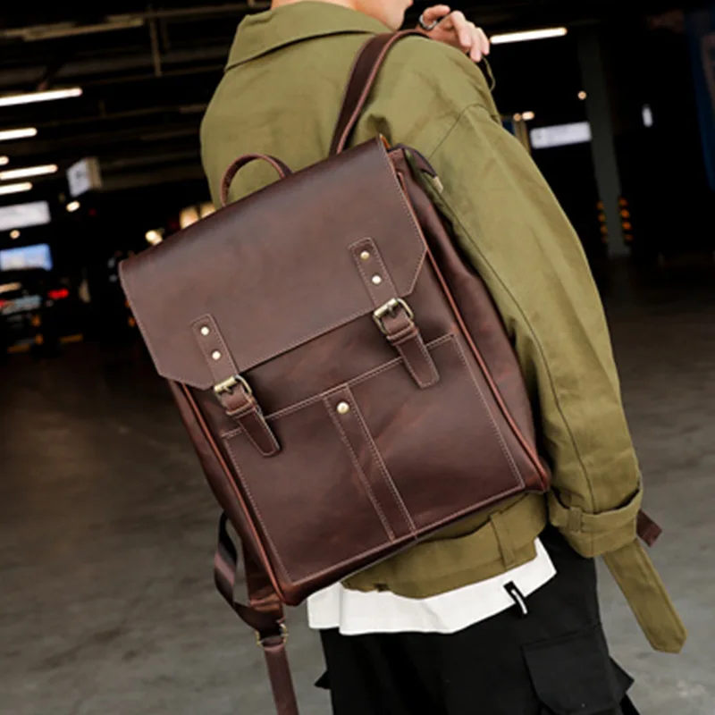 Мужской рюкзак из кожи Крейзи Хорс Черный винтажный для ноутбука школьная