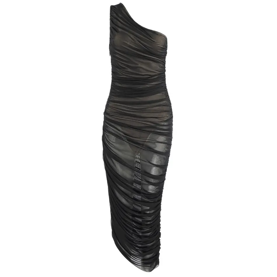 Женское Сетчатое асимметричное платье макси на одно плечо без рукавов с рюшами