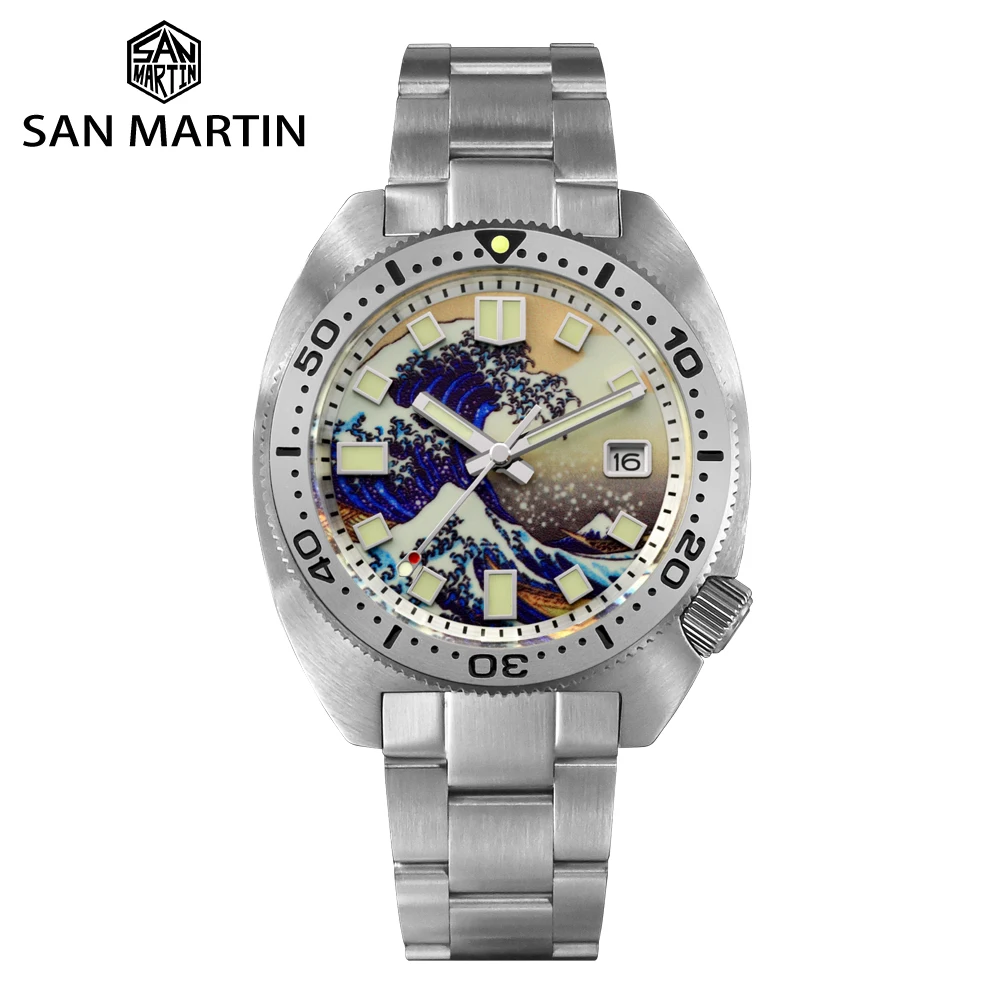 

San Martin Men Diver Watch 6105 Turtle NH35 MOP Wave Kanagawa Surfing Dial Bracelet Automatic Mechanical Luxury Watches 20Bar