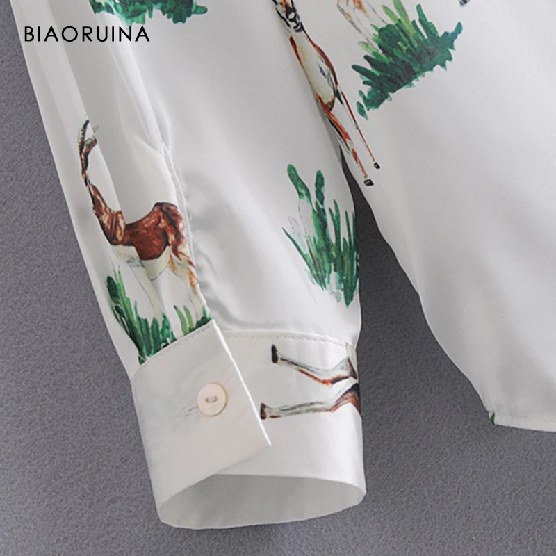 

BIAORUINA Women's Satin Animal Printed Single Breasted Loose Fashion Long Shirt Female Casual Spring Autumn Blouse Tops