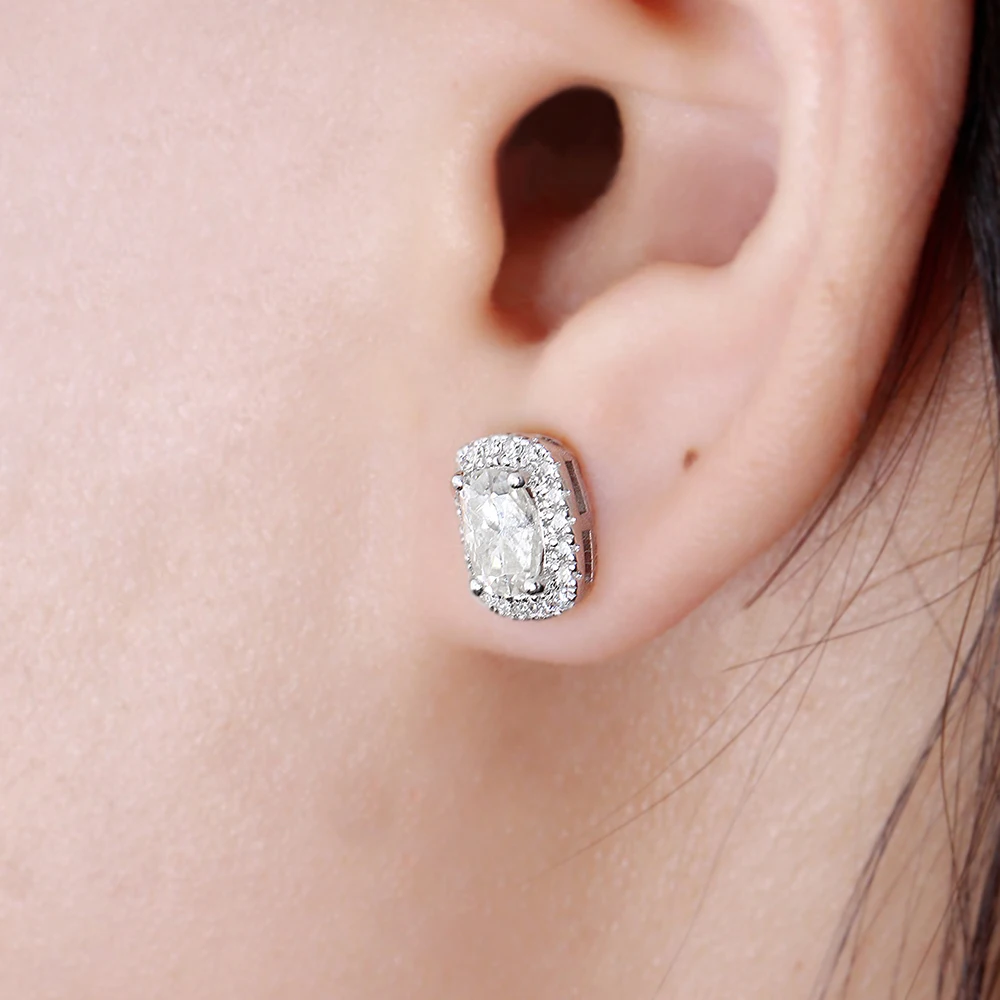 

Transgems Genuine 10K White Gold Center 1ct 5*7mm FG Color Cushion Cut Moissanite Halo Stud Earrings for Women Push Back