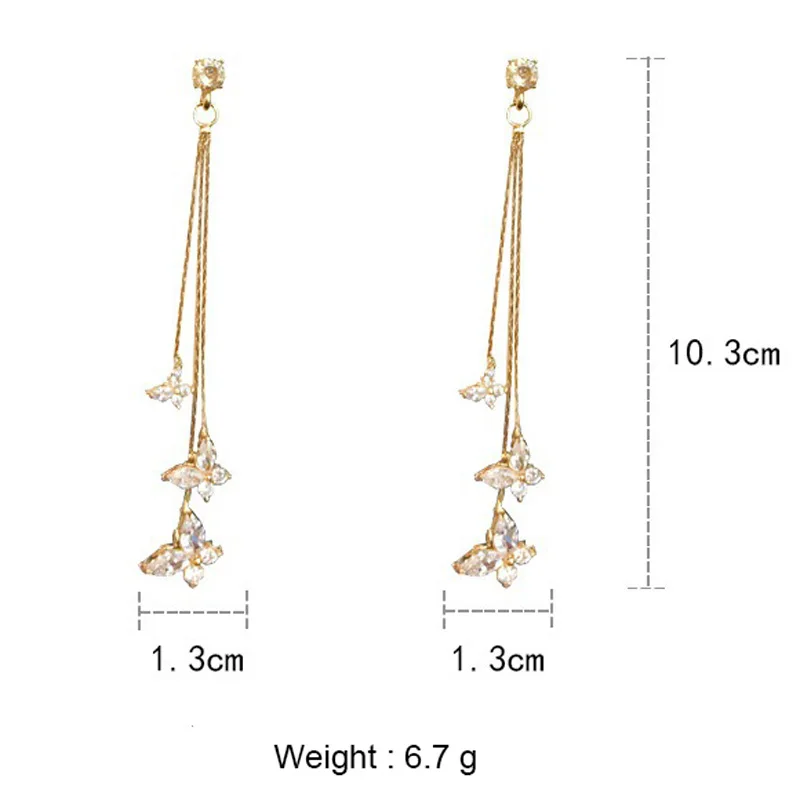 

USTAR Shiny Three Butterfly Crystal Drop Earring for Women Long Tassel Dangle Earrings Statement Earrings Party Jewelry Gifts