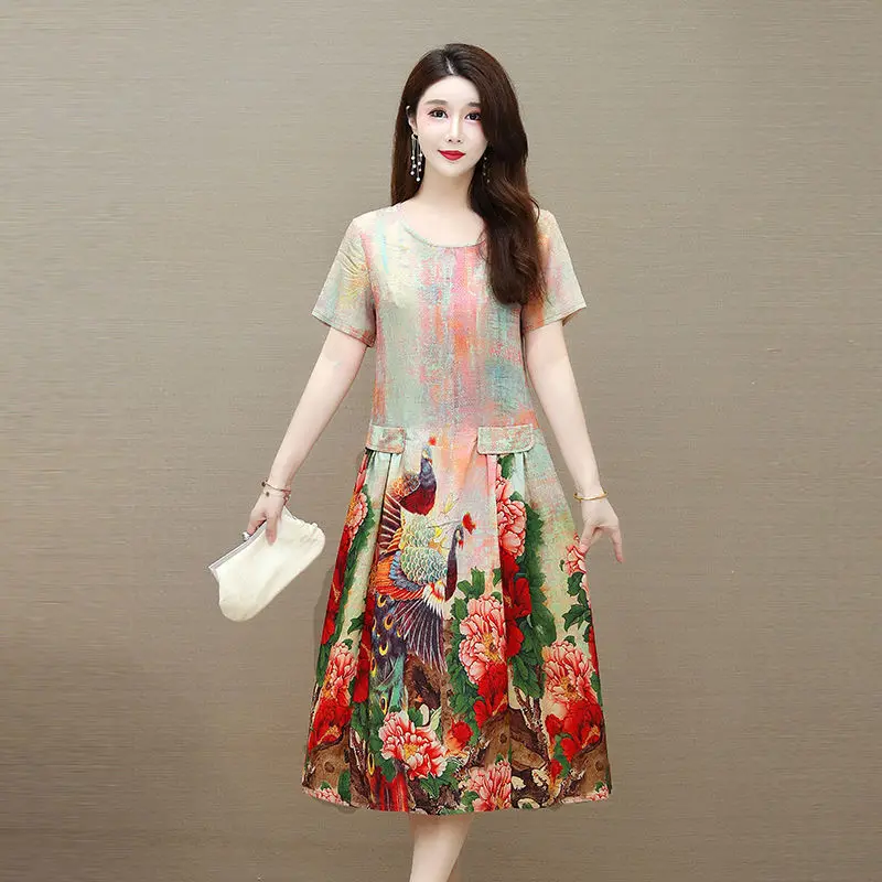 

Women 2021 Summer New Fashion Short Sleeve Loose Dress Female O-neck Printed Dresses Ladies Thin Long A-line Vestidos W61