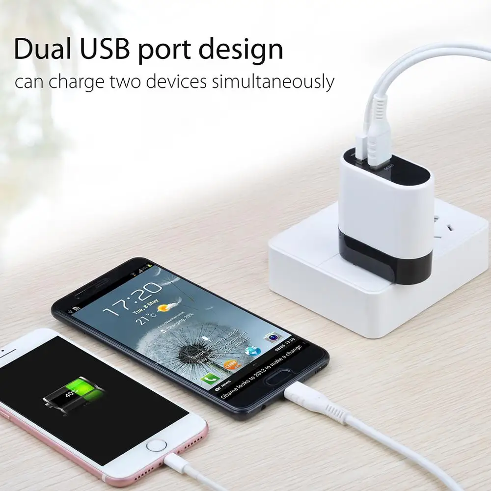 QC3.0 Быстрая зарядка 23 Вт/4.5A 2-портовое USB настенное зарядное устройство-TR603 |