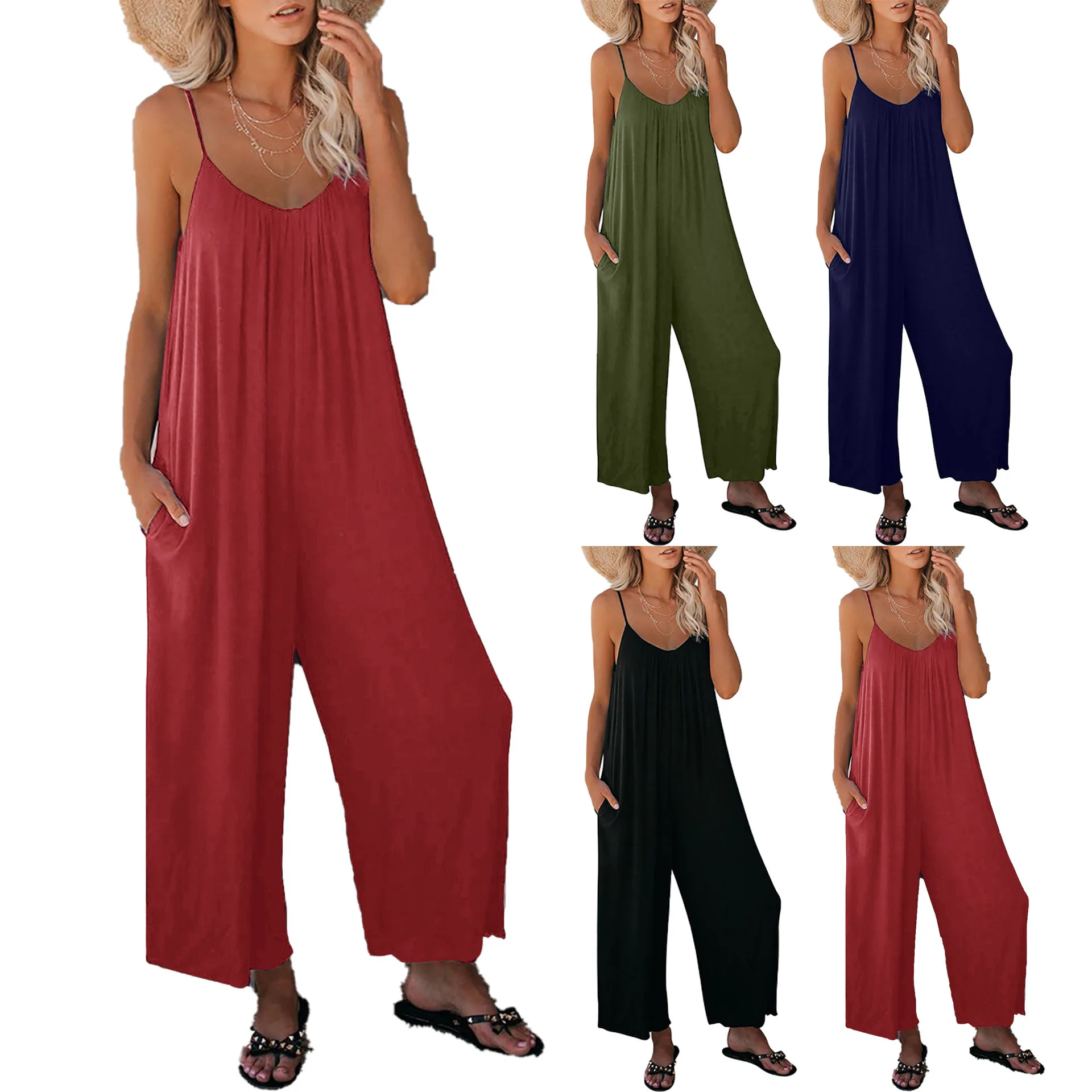 

Strap jumpsuit women's 2021 summer foreign trade solid color pocket casual jumpsuit