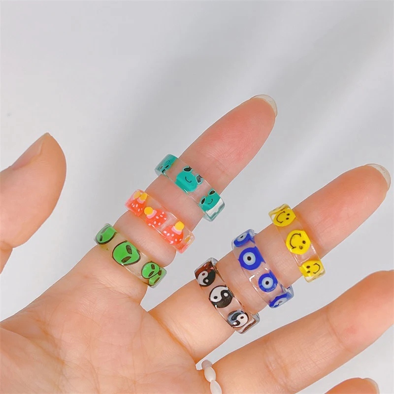 

Ring For Women Fashion Girl Yellow Smiley Green Frog Acrylic Resin Rings Vintage Transparent Aesthetic Lady's Finger Jewellery