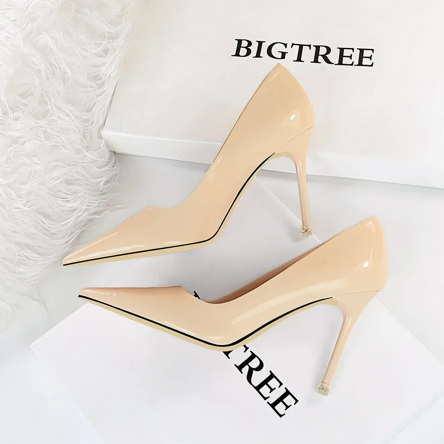 BIGTREE New Women Pumps Brand High Heels Black Patent Leather Pointed Toe Sexy Stiletto Shoes Woman Ladies Plus Big Size 42 43