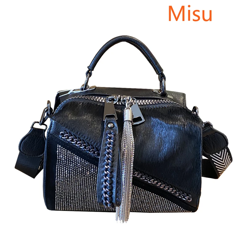 

Torebki Damskie 2020 Autumn High Quality Horsehair Handbag Diamond-studded Horizontal Boston Women's Bag Shoulder Messenger Bags