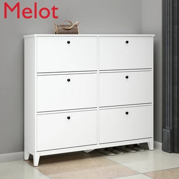 Shoe Cabinet Home Doorway Breathable Nordic Entrance Large Capacity Solid Wood White Tilting Ultra-Thin Shoe Cabinet 17cm