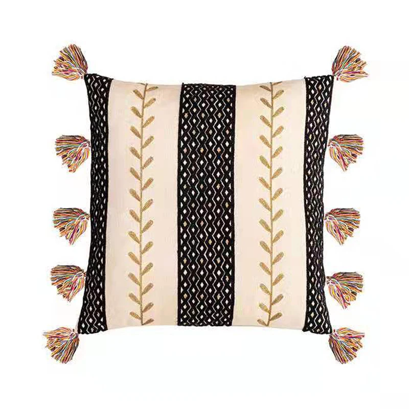 Home Decor Cushion Cover Black Ivory 45x45/30x50cm Boho Style Gold Embroidered Cotton Pillow Cover For Living Room Sofa Chair images - 6