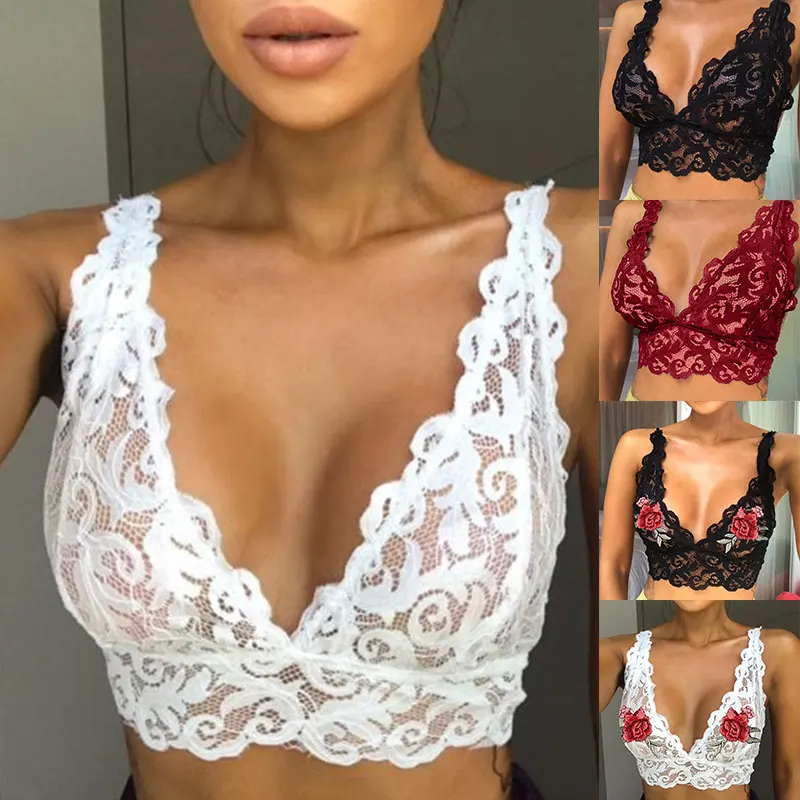 

New Women Bra Deep V-Neck Floral Print Lace Lingerie Top Unpadded Sheer Mesh Hollow Out See-through Transparent Underwear