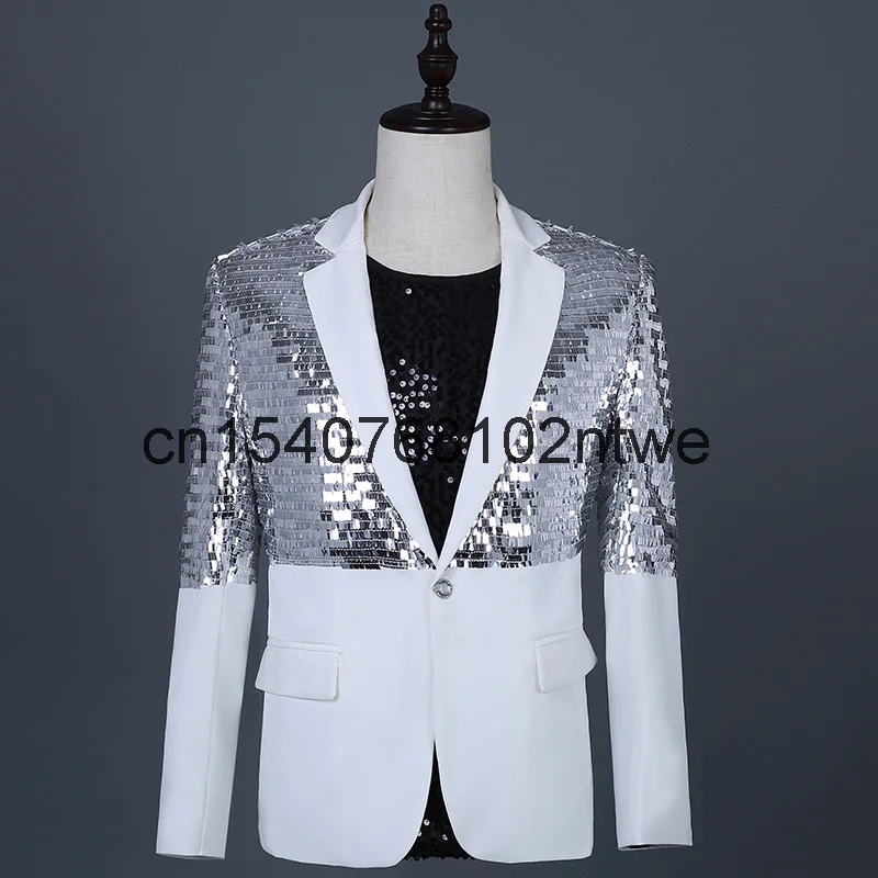 

Korean nightclub male singer bar DJ rock punk silver Sequin suit dress