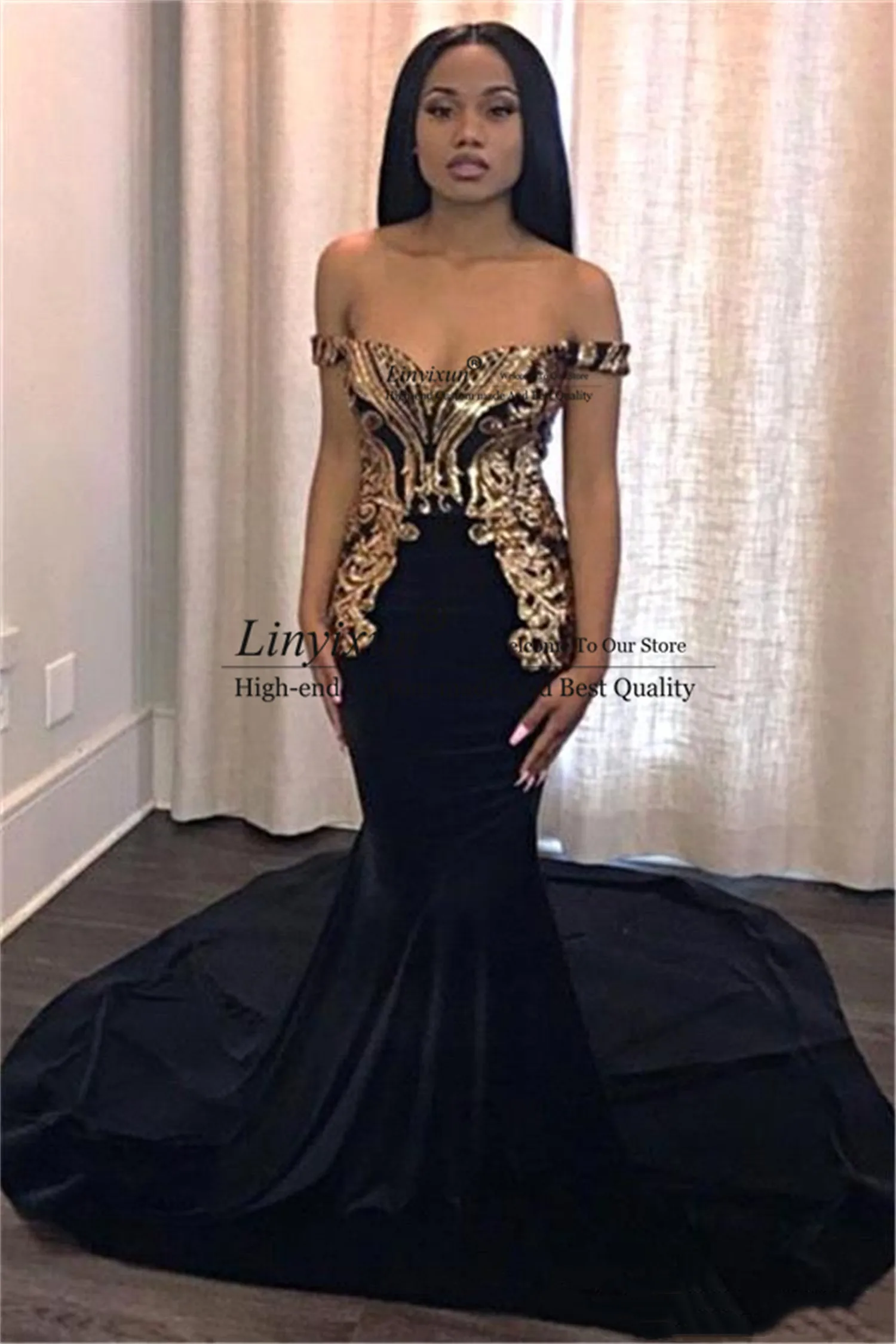 Black Mermaid Prom Dresses With Gold Appliques Elegant Off Shoulder Long African Formal Evening Party Gowns Stain Robe De Soiree