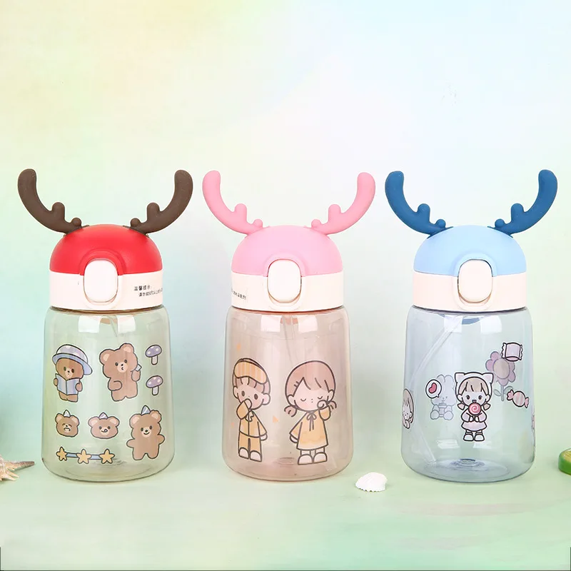 

Cartoon Children's Straw Cup Baby Bottle No-Spill Cup Cartoon Drop-Resistant Plastic Kid's Mug Antler Cup Student Cute