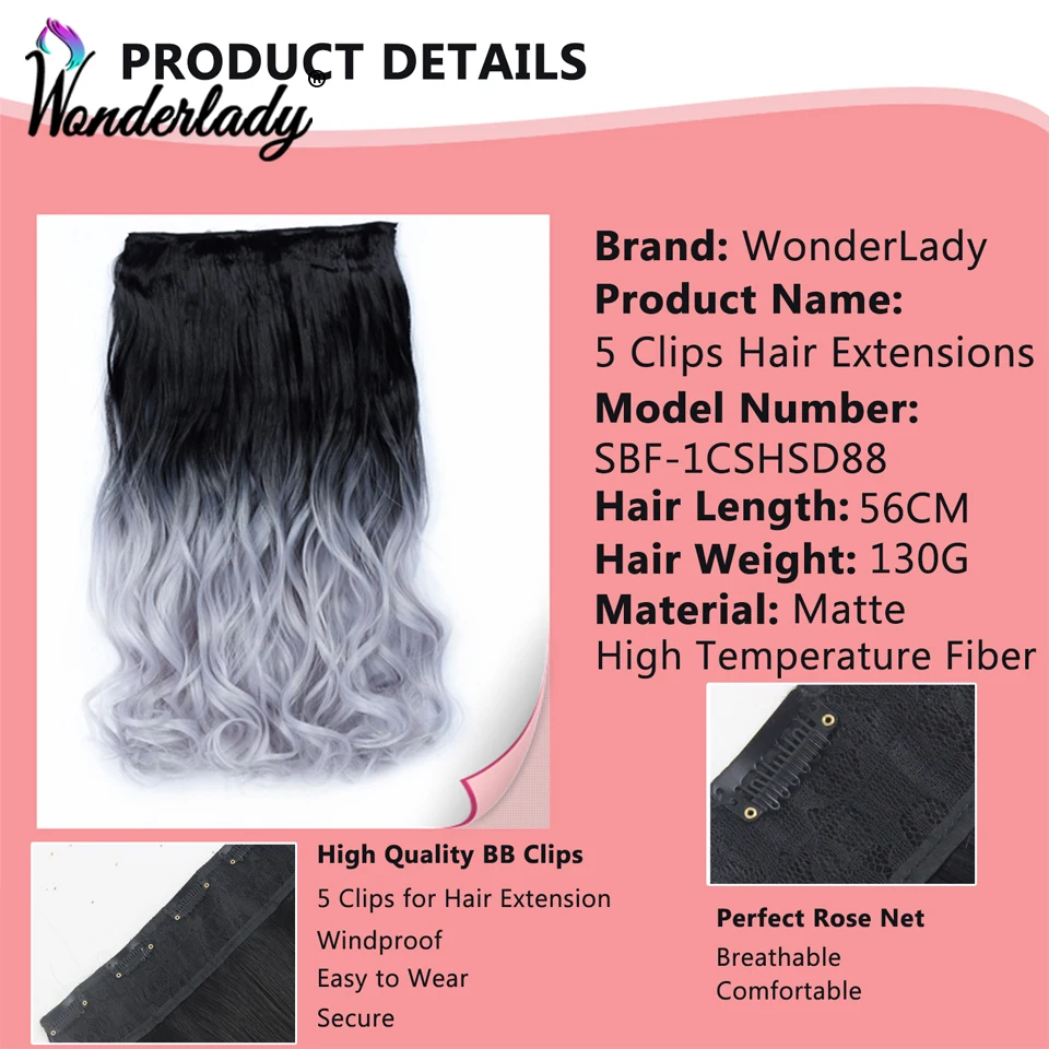 WonderLady наращивание волос на клипсе 22 дюйма 25 цветов Омбре синтетические вьющиеся
