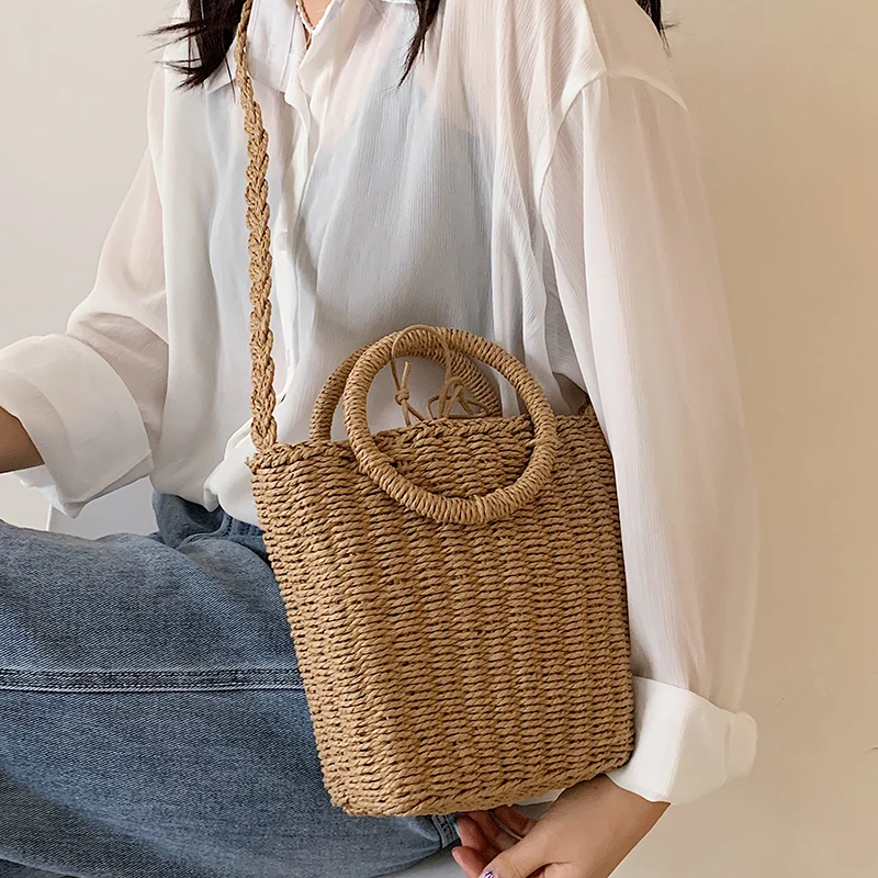 

Летние женские Соломенные Сумочки, модная женская сумка-мешок на плечо, высококачественные женские пляжные сумки-мессенджеры для женщин, с...