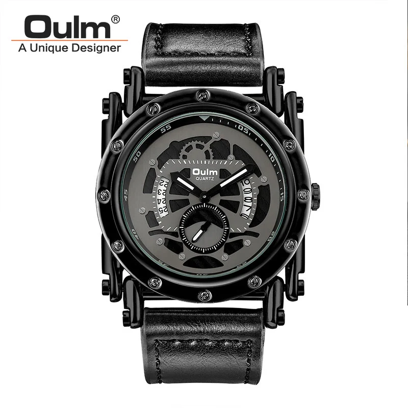 Black Oulm новые крутые Панк мужские часы Полный календарь водонепроницаемые винтажные кожаные кварцевые мужские повседневные часы с коробкой erkek kol saati - Цвет: Black