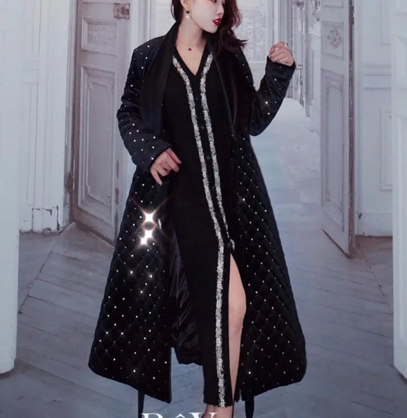 Женская Стеганая куртка с отложным воротником Зимняя Толстая бархатная длинным