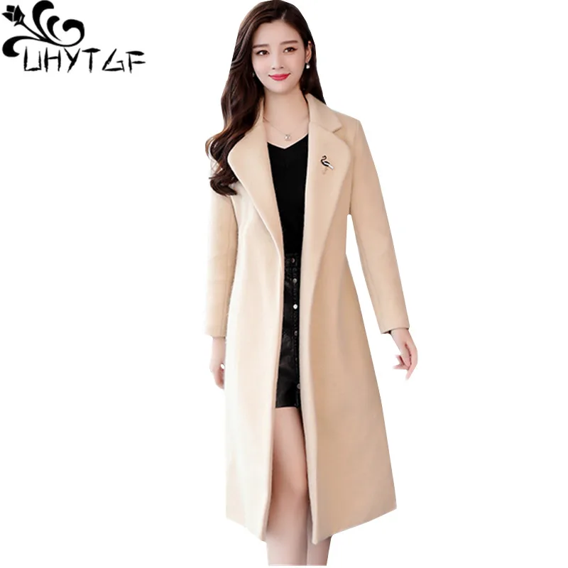 UHYTGF 4XL Big Size Coat female belt loose autumn winter wool coat temperament cardigan thicken warm casual jacket women's 558