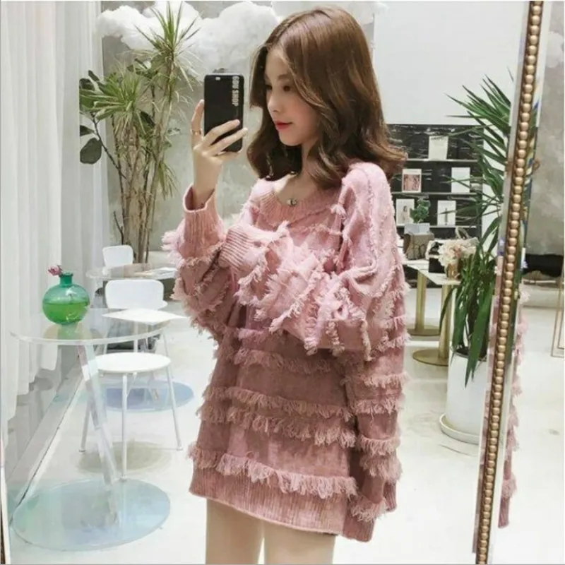 

0.5 Fashion New Arrival Thick Spring Autumn Knitted Women Sweater Solid Tassel Batwing Sleeve Loose Pullover Korean