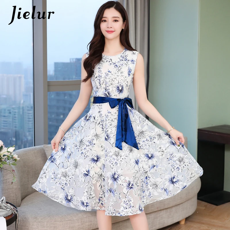

Jielur Floral Printed Women Dress Sleeveless Mesh Lace-up Chic Dresses Lady O-neck Hipster Summer Dress Kleider Damen S-XL
