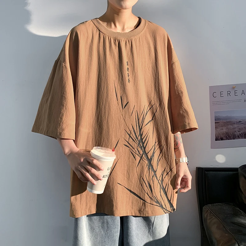 

High Quality Linen T Shirts for Men 2021 Summer Fashion Orchid Print Clothes Teen Comfortable and Breathable Oversized Top Tees