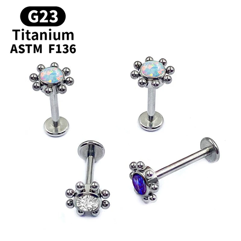 

16G Implant Grade Titanium ASTM F136 Labret with Opal CZ Gem Tragus Helix Bar Labret Lip Bar Rings Stud Cartilage Ear Piercing
