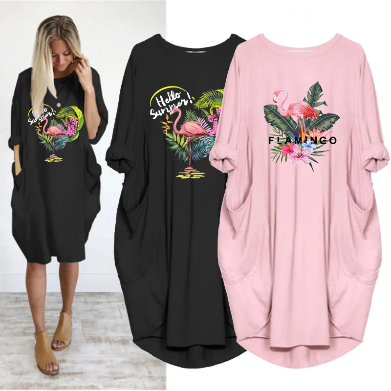 

Dress Pink Birds Print Long Sleeve O Neck with Pocket Casual Woman Knee-Length Dresses Vintage Robes New Vestidos Mujer Verano