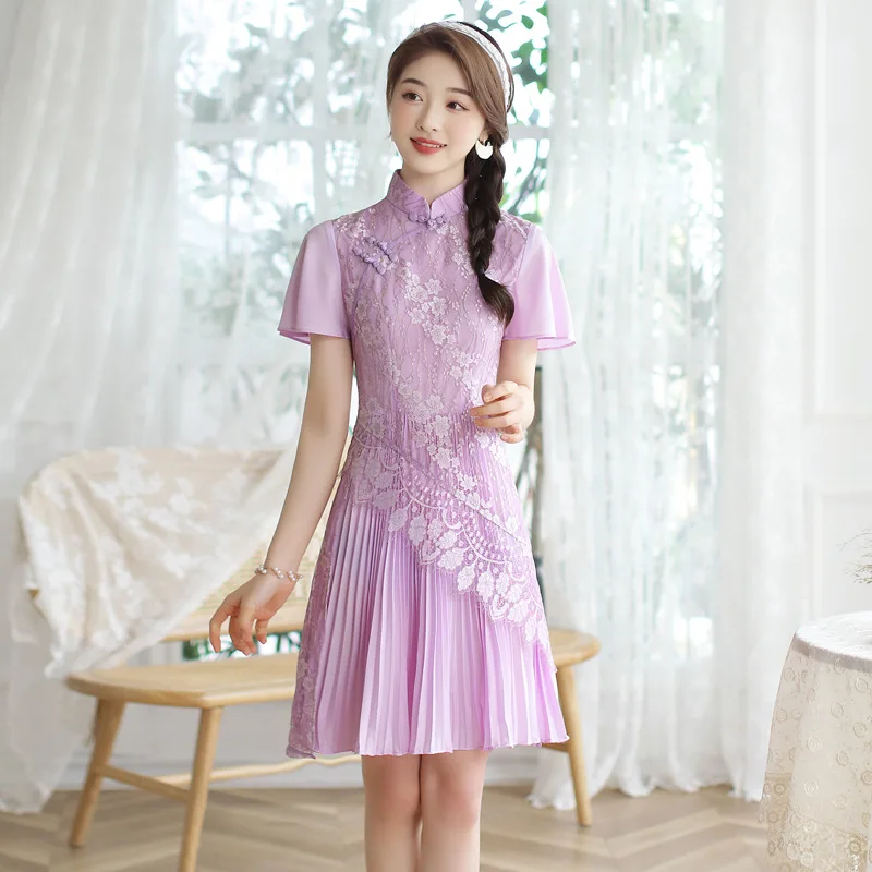 Вечерние нее женское шифоновое кружевное фиолетовое современное Ципао|modern cheongsam