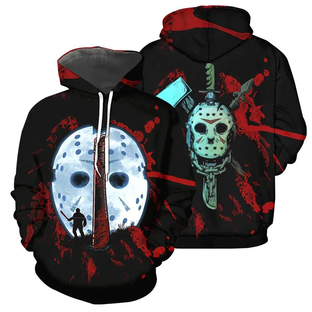 

Black Hoodies Friday The 13th Cosplay Jason Voorhees Male Raglan Freddy Horror Face Creative Mens Pullover Casual Tops