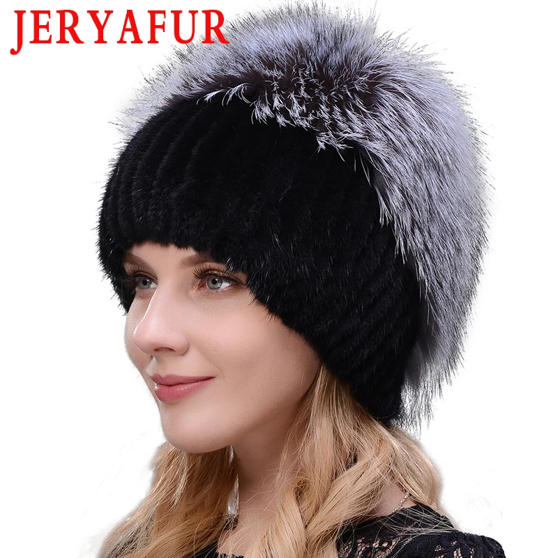 JERYAfur модная меховая шапка из натуральной норки Женская Высококачественная Меховая зимняя шапка из серебристой лисы Женская Толстая теплая вязаная шапка s Лоскутная шапка