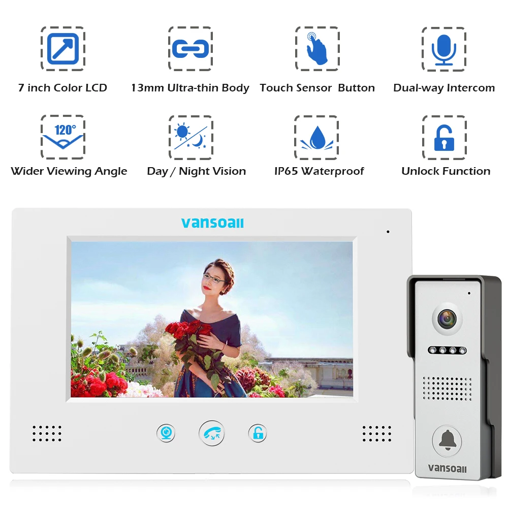 VANSOALL 7 ''TFT ЖК-Проводной видео-телефон двери видеодомофон с водонепроницаемым наружным дверным звонком и 5 м удлинительным кабелем