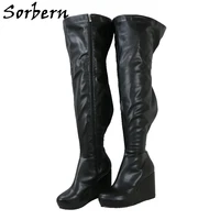 sorbern women wedge boots crotch thigh high black matte custom made high boots for lady invisible platform winter plush shoes