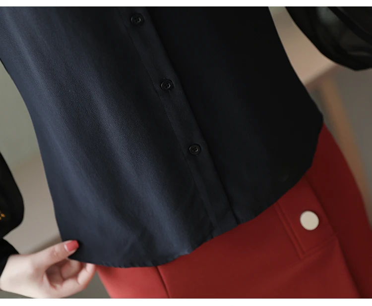 Blusas mujer de moda, шифоновая блузка на черной пуговице, однотонная блуза, женские топы с цветочной вышивкой в стиле Харадзюку, 0186