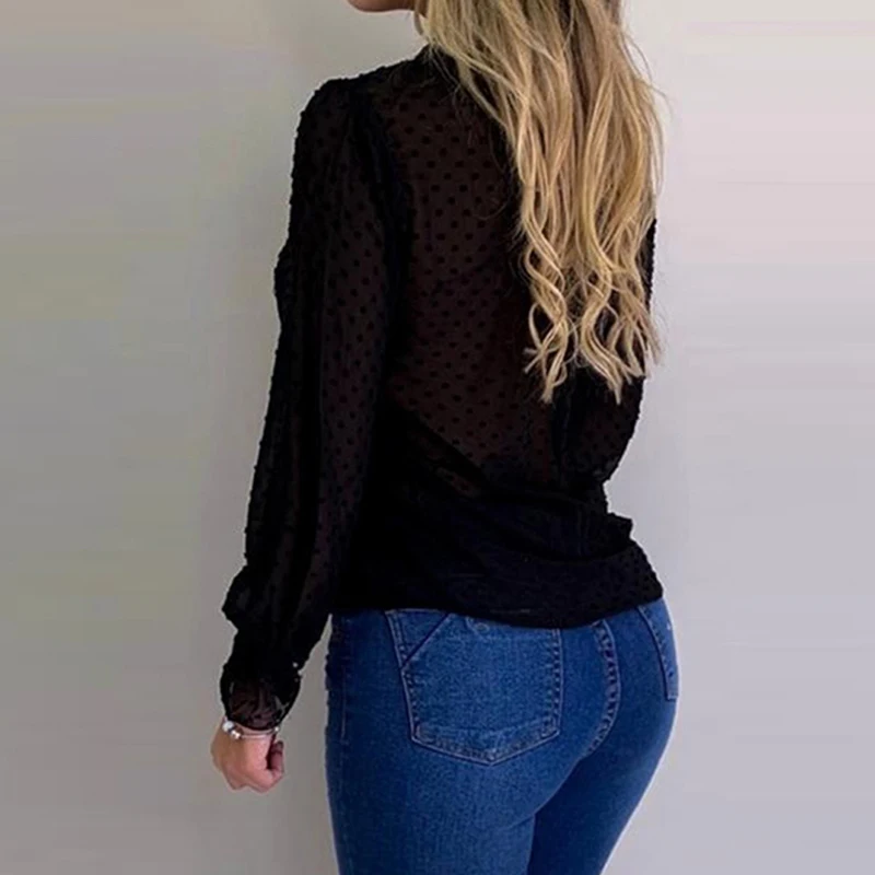 

Womens Tops And Blouses Fashion Button Tie Polka Dot Long Sleeve Shirt Sexy See Through Top Women Sexy Shirt Transparent Top