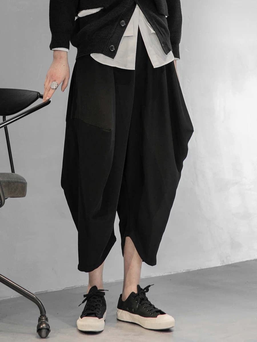 

SuperAen 2021 Spring Japanese Streetwear Irregular Solid Loose Drape Elastic Waist Black Ankle-Length Harem Pants