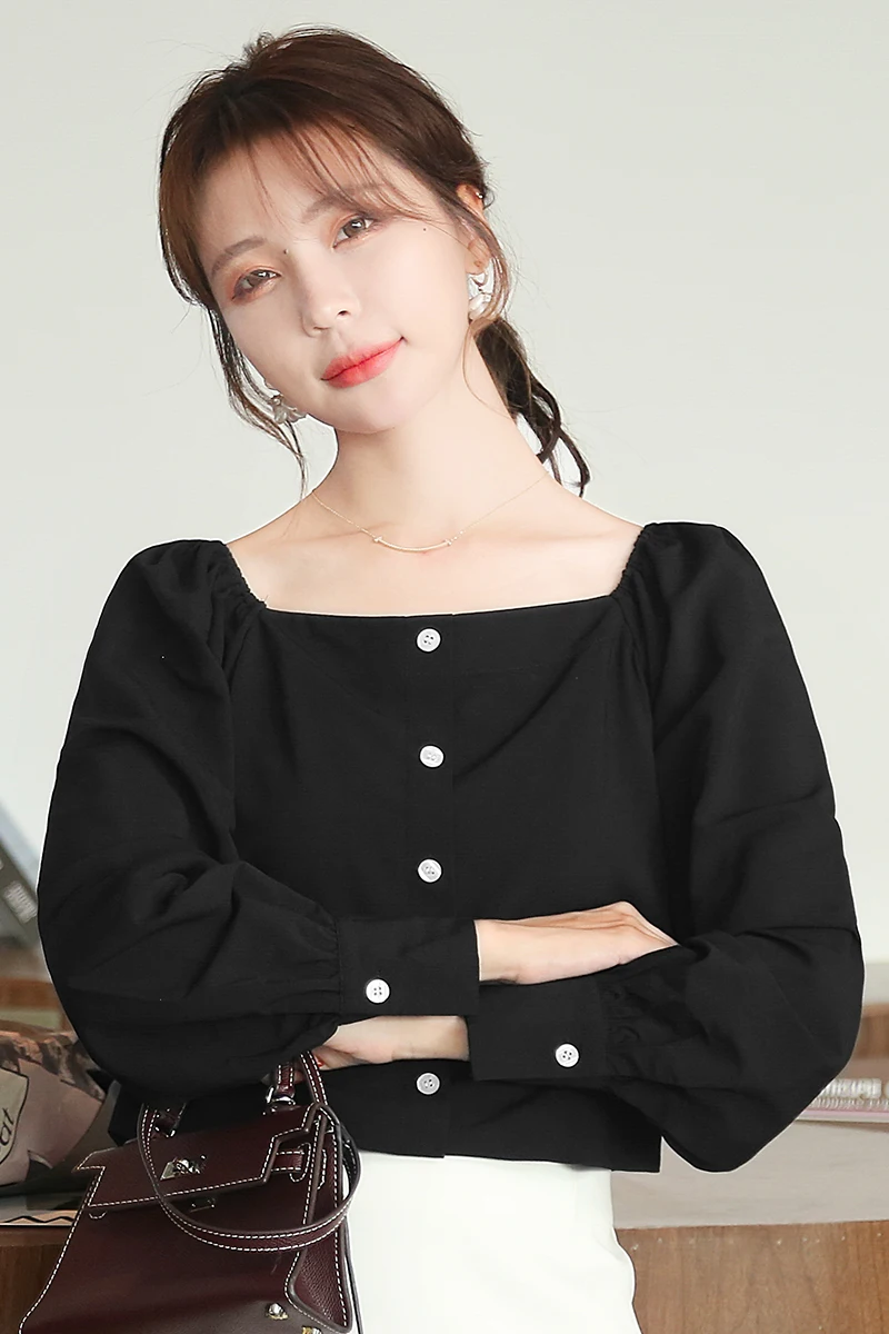

Satin Slim Women's Blouses New Casual Blouse Fashion Long Sleeve Top Solid Square Collar Buttons Shirt Spring/autumn Houthion