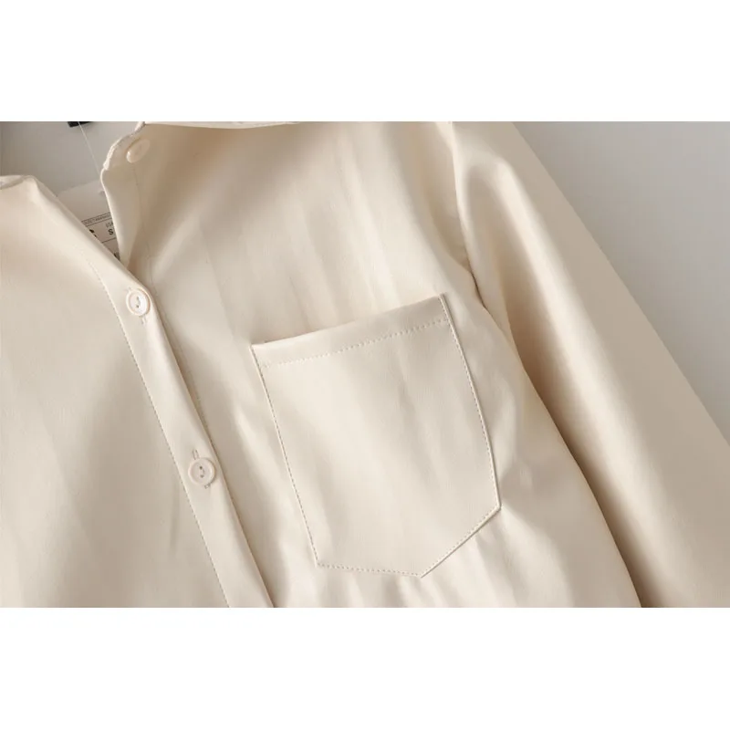 Za 2019 модные женские блузки бежевого цвета из искусственной кожи однобортные с