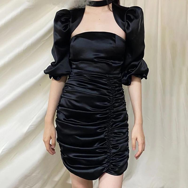 

VGH White Elegant Dress For Women Halter Puff Half Sleeve High Waist Ruched Slim A Line Mini Party Dresses Female Fashion Summer