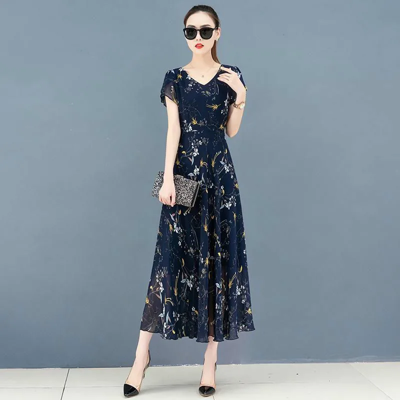 

Fashion For Summer Women's Dress V-Neck Short Sleeve A-Line Women's Dress Daffodil Chiffon Elegant Female Clothes AA3042