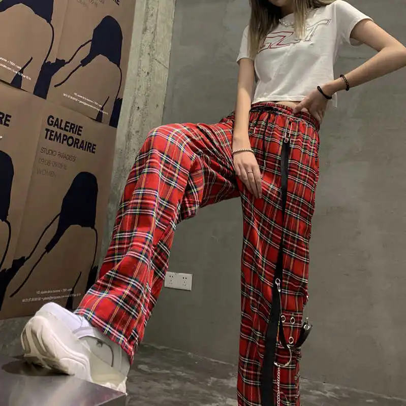 

Harajuku Punk Plaid Pants With Chain Women Streetwear Red Casual Loose Straight Pants Fashion Hip Hop Female Trousers