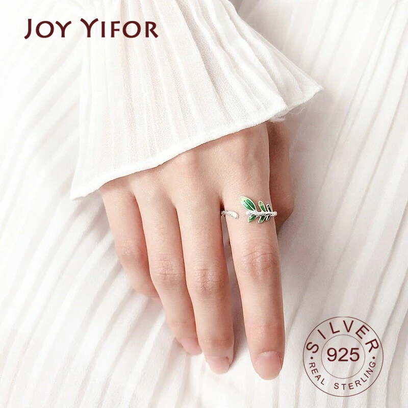 

100% 925 Sterling Silver Open Ring for Women INS Minimalist Irregular green leaves Pattern Jewelry Bijoux Birthday