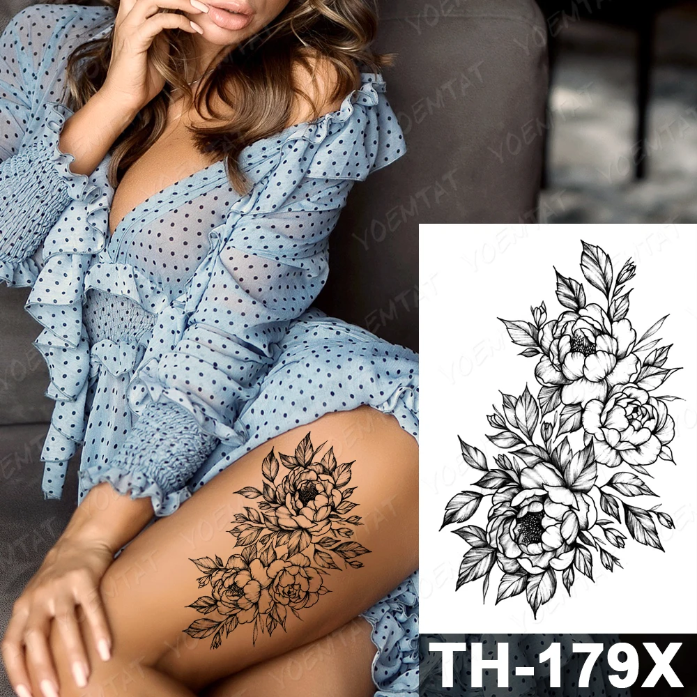 Lines Roses Snake Flowers Temporary Tattoo Sticker For Men Women Adult Peony Waterproof Fake Henna Body Art Tattoo Decal