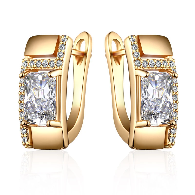 Модные дизайнерские квадратные серьги гвоздики с фианитами золотого и