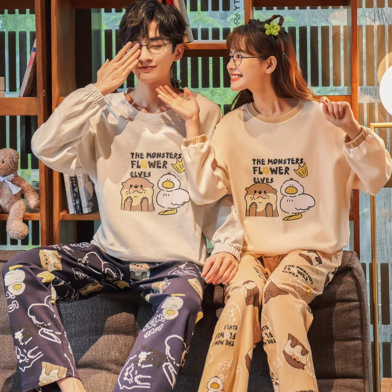 Новинка осенне-зимние хлопковые Пижамные комплекты для пар брюки с круглым