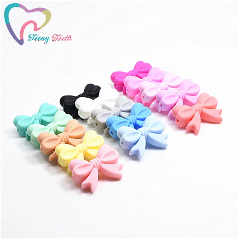 Pajarita de silicona para beb&eacute;, 5 uds., cuentas sueltas, juguetes de dentici&oacute;n masticables para beb&eacute;, accesorios de lactancia, collar DIY, fabricaci&oacute;n de joyas-2