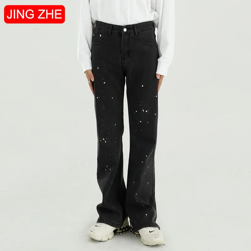 

JING ZHE Retro Men's Jeans Splash Ink Edging Denim Pants Korean Style Cowboy Pants Trousers Baggy Jeans High Street Streetwear