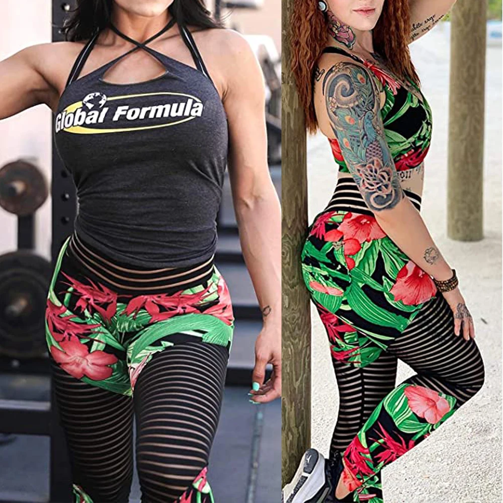 

Women High Waist Leggings with pockets Mesh Striped Fitness Butt Lift Trousers Workout Gym Scrunch Tights Booty Push Up Pants